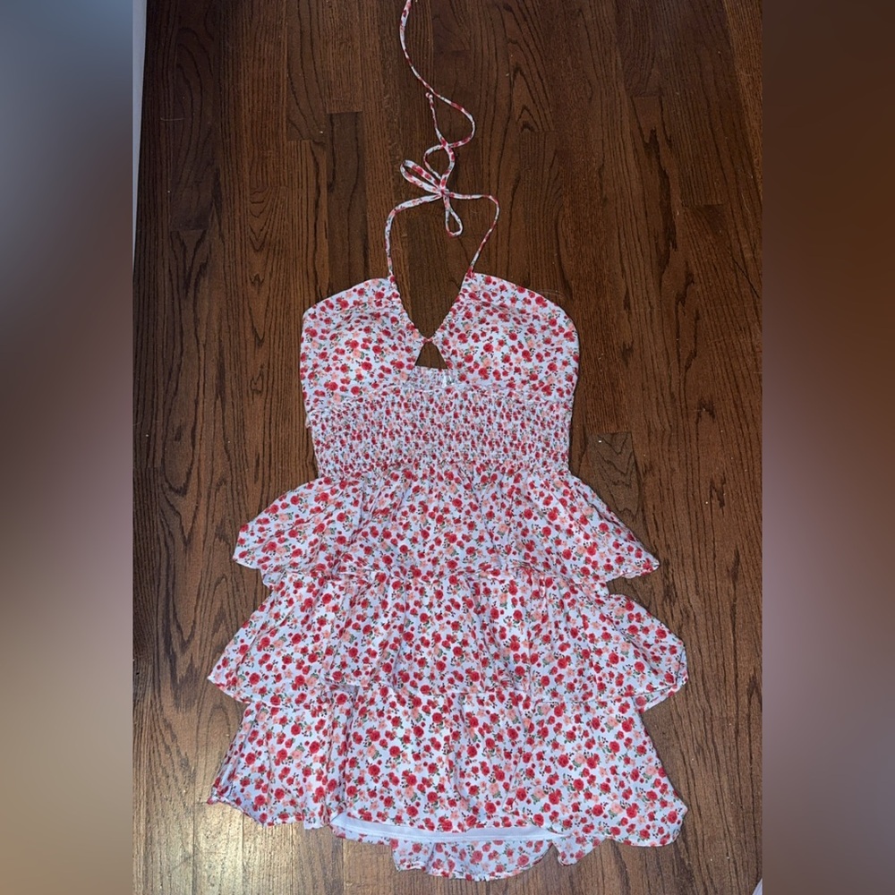 Emerald Sundae Floral Red and White Textured Dress